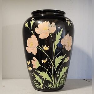 Vintage Black Glass Painted Vase
